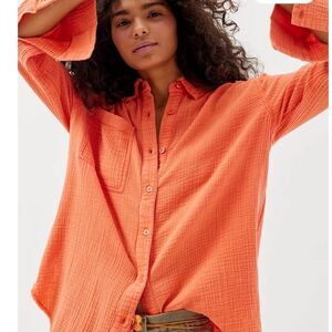 Urban Outfitters Lucy Textured Button-Down Shirt Lg Tangerine NWT